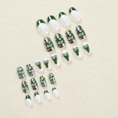 Christmas Green French Tip Press on Nails Short Almond Fake Nails with Snowflake Christmas Tree Sparkly Design Cute Stick on Nails Glue on Nails Glossy Acrylic Nails False Nails for Women 24Pcs