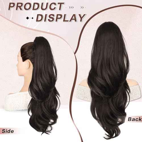 Ponytail Extension, Drawstring Ponytail Extension for Women 26 Inch Long Dark Brown Wavy Layered Pony Tails Hair Extensions Synthetic Clip in Ponytail Hairpiece for Women