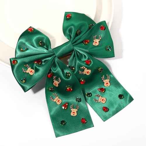 Boderier Christmas Hair Bows for Women Girls Santa Reindeer Hair Bows Clip Crystal Jeweled Ribbon Bows Christmas Outfits Hair Accessories Party Favors Gifts Reindeer Green