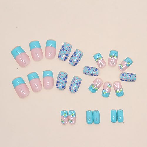 24pcs Square Press on Nails - Glossy Glue on Nails, Green French Tip Acrylic Nails with Butterfly Design False Nails for Women's Manicure
