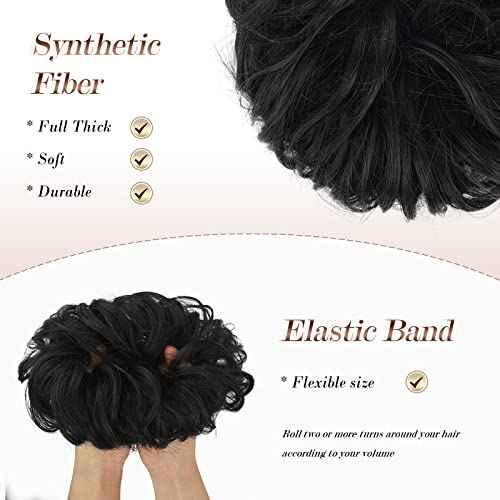 FESHFEN Messy Bun Hair Pieces - Large Wavy Curly Elastic Hair Bun Scrunchies Ponytail Extensions Synthetic Chignon Hairpieces for Women, Natural Black 1.94oz