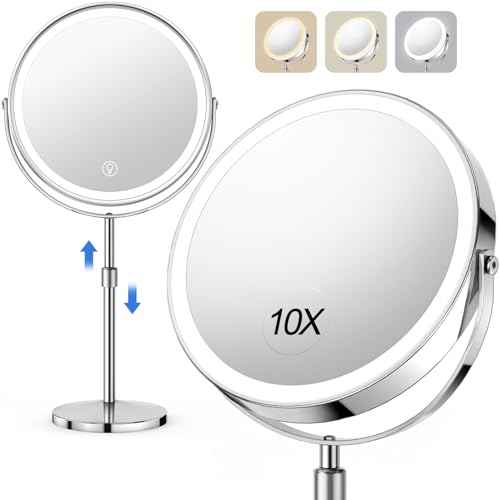 Lighted Makeup Mirror, Rechargeable Height Adjustable Double Sided, 1x/10x Magnifying with 3 Color, Brightness Adjustable, 360¡Æ Rotation Vanity, Gift for Women