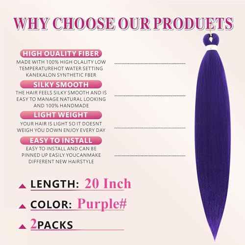 Purple Braiding Hair 20 Inch Pre Stretched Braiding Hair Extensions 2 Packs Synthetic Crochet Hair Twist Braids(20",Purple-2P)