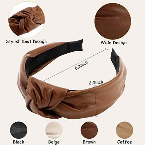 TOBATOBA Leather Headbands for Women, 4Pcs PU Leather Knotted Headband for Women, Top Knot Headband, Diademas Para Mujer De Moda, Neutral Cute Womens Fashion Headband, Hair Accessories for Women Girls