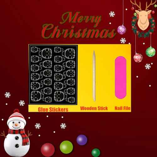 Snowflake Press On Nails: Short Square Christmas Fake Nails with Designs, Black Glitter & White French Tips, 24pcs