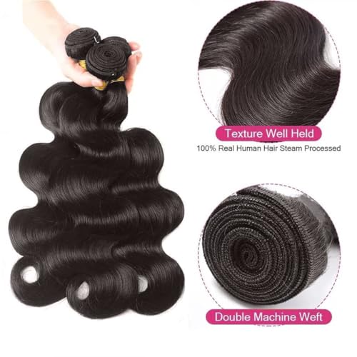 Bundles with Closure Body Wave 100% Unprocessed Brazilian Human Hair 100g Natural Black Virgin Human Hair Weave 3 Bundles with 4x4 Lace Closure (12 14 16+10 Natural Black)