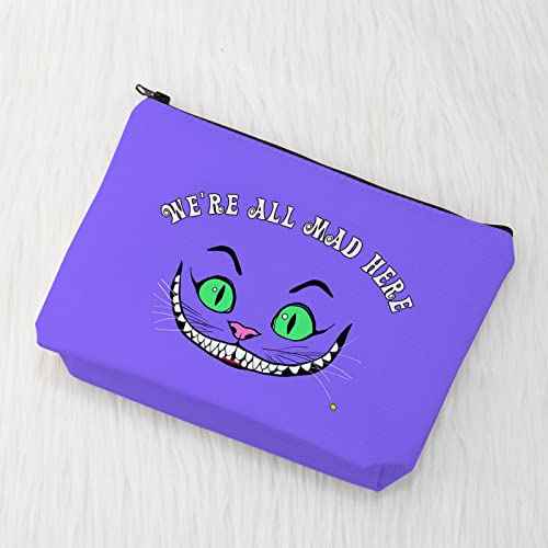 CMNIM We Are All Mad Here Alice Gift Makeup Bag Smiling Cat Wonderland Quote Cosmetic Bag Alice Fairy Tales Gifts (We Are All Mad Here purple)