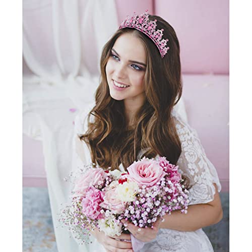 SuPoo Pink Birthday Crown and Sash Kit - Tiara With Rhinestones, Metal Crown With Comb, Glitter Sash, Crystal Headband, Princess Tiaras for Girls - Happy Birthday Decorations