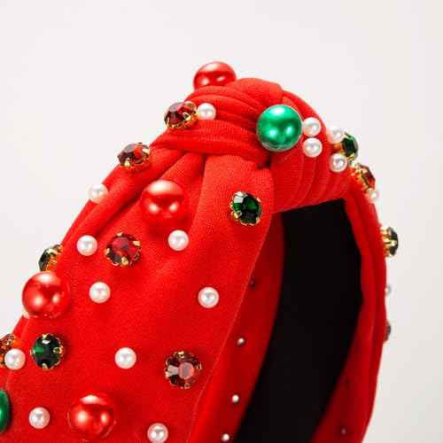 Christmas Headband for Women Red Green Pearl Rhinestone Crystal Jeweled Hairband Fashion Elegant Ladies Wide Knot Head Band Christmas Holiday Party Outfit Gifts
