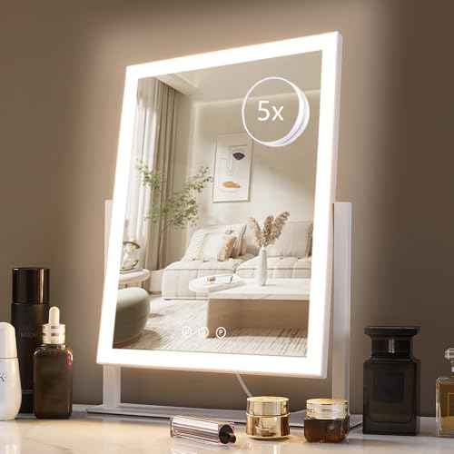 HIEEY Lighted Makeup Mirror, Hollywood Vanity Mirror with Lights, Three Color Lighting Modes, and 5X Magnification Mirror, Smart Touch Control, 360¡ÆRotation (17.3in,White,Gift Box)
