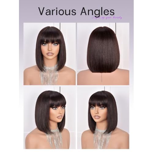 Bob Wigs Human Hair 210% Density bob Wig with Bangs Dark Brown 100% Human Hair Wigs for Black Women Pre-Bleached Glueless Straight Bob Wigs(10Inch£¬Dark Brown wig)