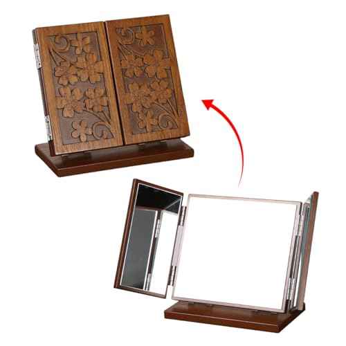 VALICLUD 1Pc Folding Wooden Carve Pattern Makeup Mirror Three Sided Desktop Vanity Mirror for Distortion Reflection Stable Wooden Base for Home and Office Use