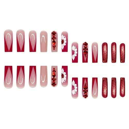 RTKHFZE Red Press on Nails Long Fake Nails Square Extra Long Nails Press ons with Flower And Rhinestones Design Glitter Acrylic Nails Artificial Nails
