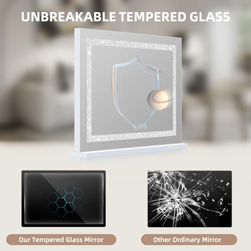 Misavanity Vanity Mirror with Lights Tempered Glass 22.8" x 18.1" Lighted Makeup Mirror with Light Strip Crushed Crystal 3 Colors Modes Dimmable Lights USB Charging Port and 10X Magnification, White
