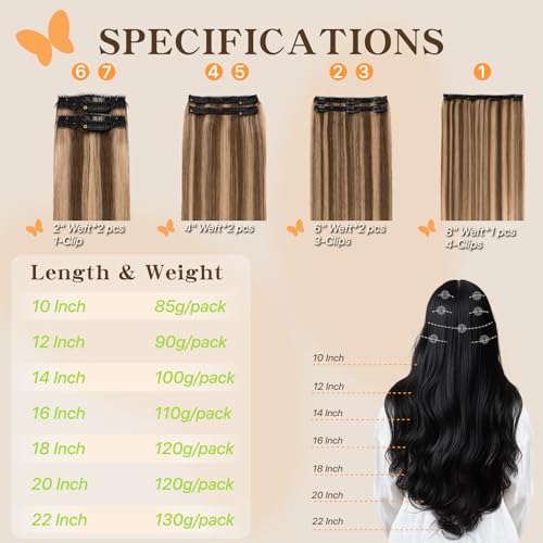 Remy Hair Extensions Clip in Human Hair 16 Inch Clip in Extensions Real Human Hair Straight Real Hair Extensions Clip in Human Hair 110g 7Pcs, Medium Brown Mixed Dark Blonde # 4P27