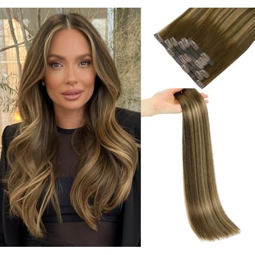 LOVELINE Seamless Clip in Hair Extensions Real Human Hair, Luxury Remy Human Hair Extensions Clip ins for Women, 16 Inch 110g 7Pcs, Balayage Chocolate Brown to Caramel Blonde