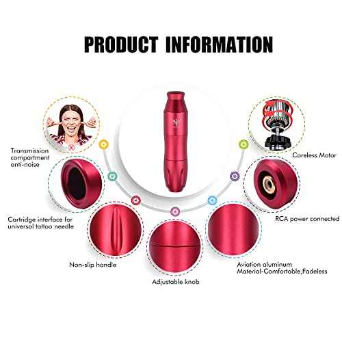 TATELF Rotary Pen Kit Professional Complete Machine Starter Set with 40pcs Cartridge Needles Power Supply Foot Pedal 21 Colors Ink For Beginners & Artists(Red)