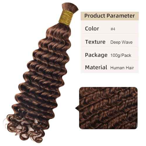 Medium Brown Braiding Hair Bulk Hair 100% Human Hair #4 Deep Wave Human Hair For Boho Braids 100g Bohemian Knotless Braid In Hair Extensions No Weft 20 Inch