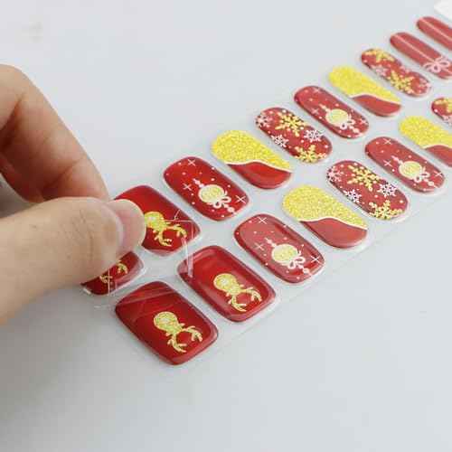 JMEOWIO Gel Nail Stickers Christmas Snowflake Glitter Red Semi Cured Gel Nail Strips Wraps UV/LED Nails Art Design Decoration Accessories