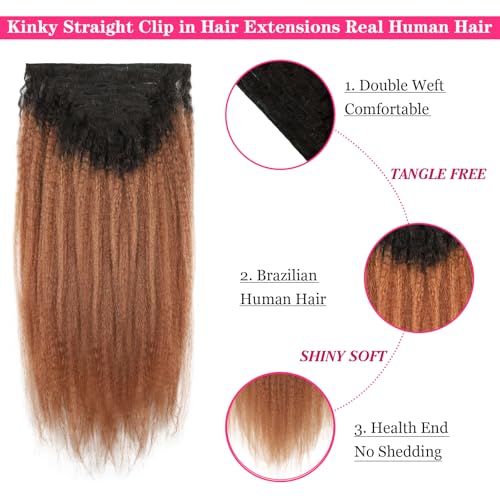 Kinky Straight Ombre Clip in Hair Extensions Real Human Hair Natural Black to Medium Auburn Kinky Straight Clip ins for Black Women Double Weft Hair Extensions 7Pcs 120g 18 Inch 1BT30
