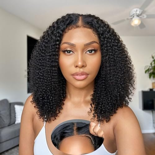 13x6 Lace Front Wigs Human Hair Glueless Wear and Go Kinky Curly Wig Pre Plucked Pre Cut HD Lace Frontal Wig with Baby Hair For Black Women 16 Inch Natural Color