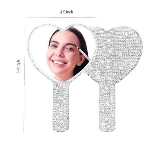 Large Rhinestone Handheld Mirror Heart Bling Glitter Cosmetic Dazzling Portable Hand Mirrors with Handle for Women Wedding Silver White