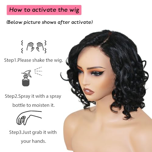 12 Inch Curly Wave Human Hair Wig - Bye Bye Knots Glueless Wig with Pre-Cut Swiss Lace & Pre-Bleached Knots - 100% Brazilian Remy Human Hair Side Part Lace Front Wig, Natural Color