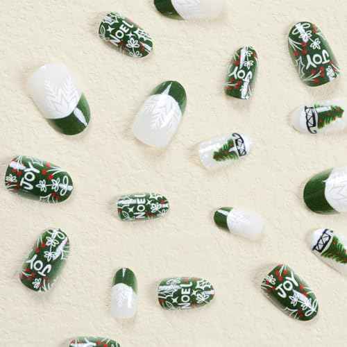 Christmas Green French Tip Press on Nails Short Almond Fake Nails with Snowflake Christmas Tree Sparkly Design Cute Stick on Nails Glue on Nails Glossy Acrylic Nails False Nails for Women 24Pcs