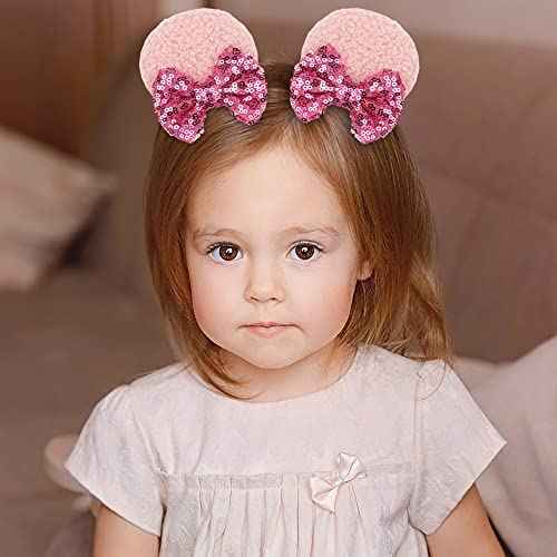 Qearl 12 Pieces Sequin Mouse Ears Hair Clips Mouse Hair Bows with Alligator Clips Hair Accessories for Theme Park Costume Party Decoration for Toddlers Girls
