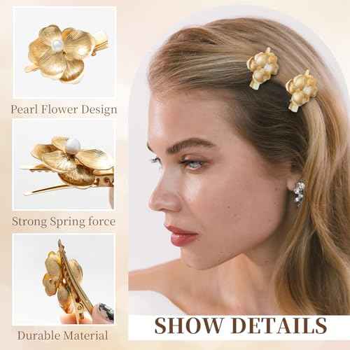 6 Pack Gold Flower Hair Clips for Girls, Small Hair Claw Clips with Pearl Accents, Metal Alligator Hair Barrettes Hair Clips for Styling - Gift Ready Floral Hair Accessories for Women