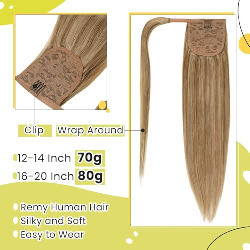RUNATURE Hair Ponytail Extension Blonde Straight Human Hair Ponytail Extension 16 Inch Dark Blonde with Caramel Blonde Short Ponytail Human Hair Extension with Magic Paste Full Ends 80g