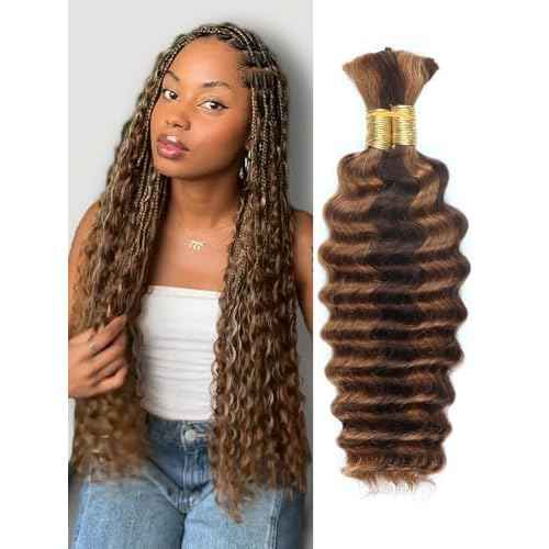 4/30 Bronze Gold Human Braiding Hair Deep Wave Bulk£¬Highlight No Weft Curly Braiding Hair Extensions for Boho Braids Wet and Wavy Braiding Human Hair Bundles(18inch,4/30,100g)