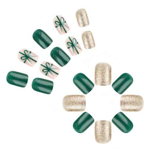 BFY Christmas Press on Nails Short Square Fake Nails, Green Xmas Gift Box Gold Glitter Acrylic Nails Kits, Glossy False Nails Gel Glue on Nails for Women Winter New Year Nail Art Manicure 24 Pcs