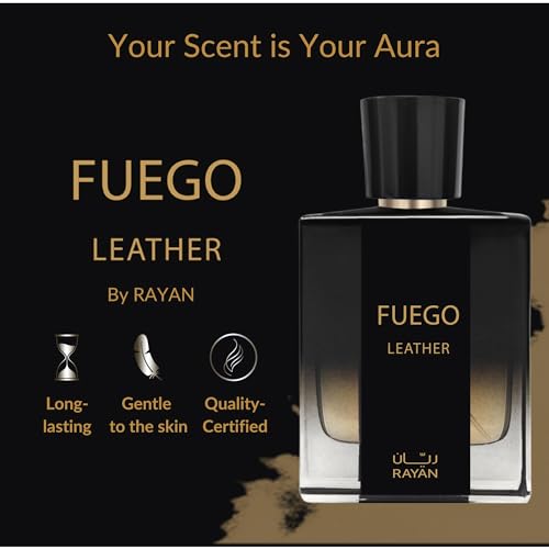 Fuego Leather Perfume for Men ? Long Lasting Arabian Eau De Parfum, 100mL (3.34 Fl oz) Men Perfume with Bergamot, Lavender, Vetiver, Sandalwood & Amber - Ideal Gift for Father's Day