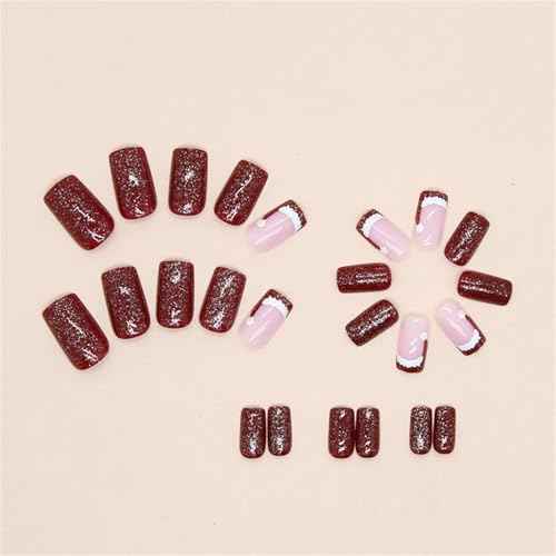 Press on Nails Short Square Christmas Fake Nails Tips Glossy Nails Red False Nails with Glue on Nails Stick on nails for Women and Girls