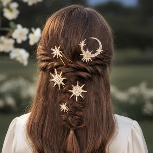 Gold Star Moon Hair Pins Rhinestones Bridal Hair Clips Wedding Hair Accessories for Women(Pack of 5)