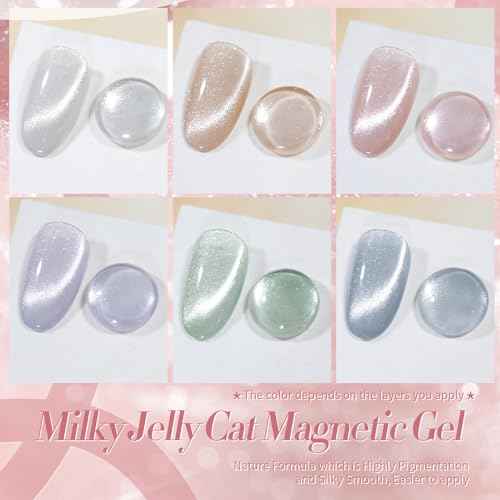 Born Pretty Cat Magnetic Eye Gel Nail Polish, Pastel Milky Cat Magnetic Gel Pastel Blue Green Purple Pink Nude Silver Nail Art Gel Manicure Salon DIY Gifts 7ML 6PCS