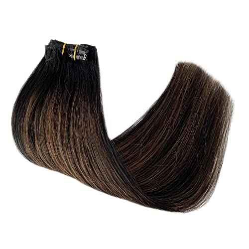 Clip in Hair Extensions Real Human Hair, Natural Black Highlights Medium Brown 18 Inches 5pcs Long Straight Clip ins Human Hair Extensions Handmade Double Weft Remy 70grams