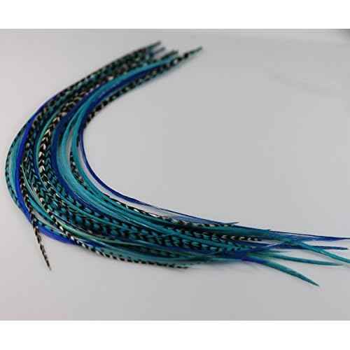 Feather Hair Extension ? Ocean Blue and Aqua Grizzly Feathers, All Bonded Together at the Tip, With a Total of 5 Feathers, Ranging From 7 to 10 Inches in Length