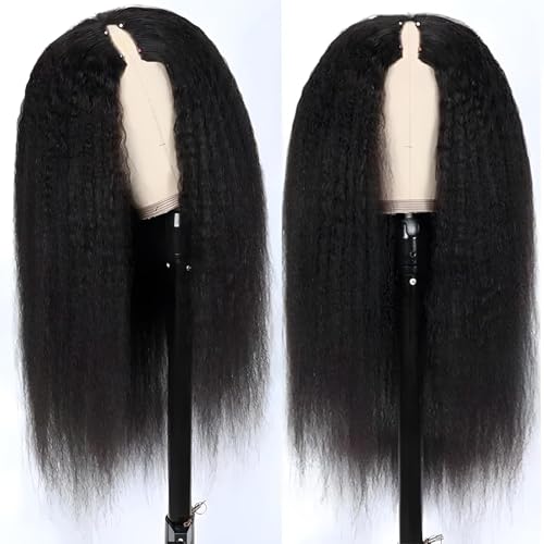 V Part Wig Human Hair Kinky Straight 18 Inch V Part Wig Yaki Straight Clip in Half Wigs for Black Women Human Hair Glueless No Leave Out 180% Density Natural Color