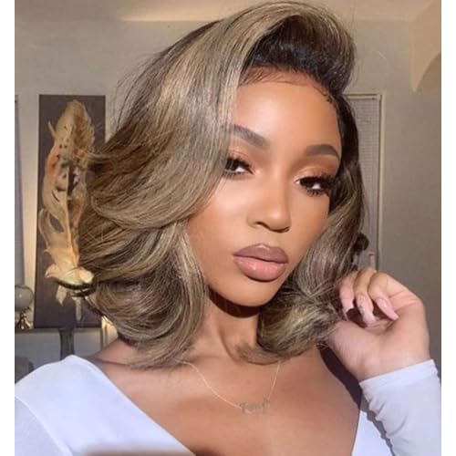 200% Density Ombre Ash Blonde Lace Front Bob Wig Human Hair Body Wave 13x4 Thicker Ombre Brown Roots with Grey Ash Blonde Short Bob Wig Pre Plucked with Baby Hair for Women 12 Inch