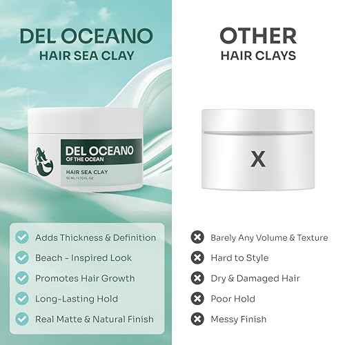 Del Oc?ano Hair Styling Sea Clay - Strong Hold, Matte Finish, Nourishing Formula Hair Clay for Men, Ideal for Hairstyling Medium, Messy, Fine Thinning Hair Styles, 2.7 oz