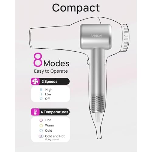 Hair Dryer, High-Speed Ionic Low Noise Blow Dryer for Fast Drying, Birthday Christmas Gifts for Women Men Mom Dad, Thermo-Control Quiet Compact Hair Blow Dryer for Travel Salon, Silver