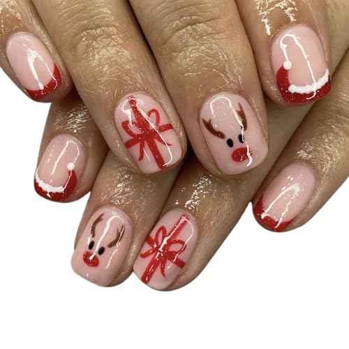 Christmas Square Press on Nails Short Fake Nails Red French Tip False Nails with Gifts Elk Design Glossy Christmas Glue on Nails Cute Santa Hat Nail Tips Acrylic Nails Winter Stick on Nails for Women