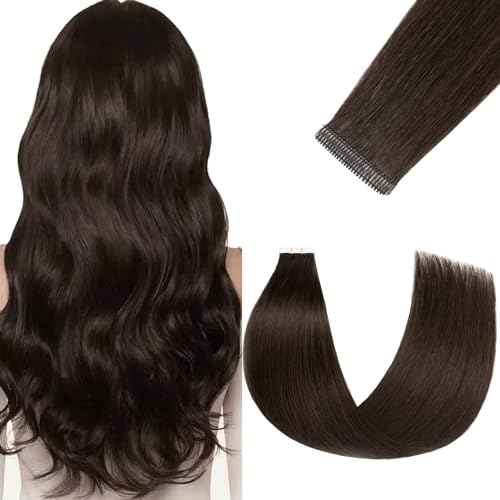 Tape in Hair Extensions Real Human Hair Double Stitched Invisible Seamless 20pcs 50g (Dark Brown to Black, 22 inch)