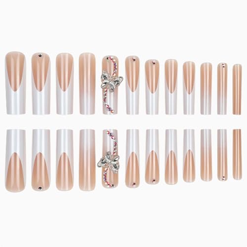 Long Square Press on Nails Luxury French False Nails 3D Butterfly Nails Tips Full Cover Nude Fake Nails for Women and Girls 24PCS
