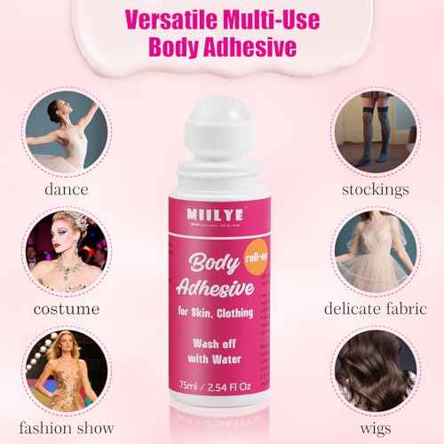 Body Adhesive Roll-On for Skin & Clothing 2.54 Oz-Sweat Resistant, Water Wash Off- Fashion Adhesive for Dancers, Socks, Stockings, Leotards, Bras, Wigs, Costumes