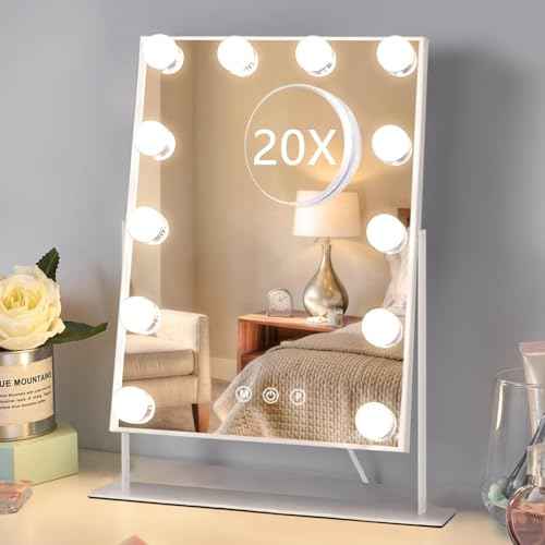 HIEEY Hollywood Makeup Mirror with 12 Dimmable Bulbs Lights, Three Color Lighting Modes, with 4in 20X Magnification Mirror, Smart Touch Control, 360¡ÆRotation (White,Gift Box)