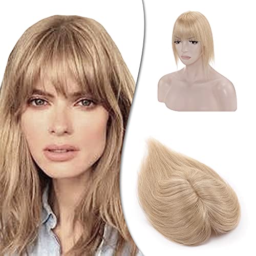 Hairro Human Hair Toppers With Bangs Clip In Remy Topper Hairpiece For Women Clip On Toupee Wispy Air Bang Middle Part With Thinning Hair Loss 12 Inch 38g #24 Natural Blonde