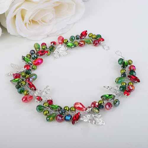 Teyglen Bride Crystal Wedding Hair Vine Bridal Red Green Rhinestone Pearl Headband with Butterfly Christmas Headband Rhinestone Headpiece Xmas Party Hair Accessories for Women Girls